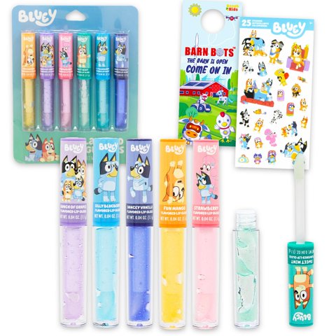 Set De 6 Brillos Labiales Bluey Con Sabores Variados Y Stickers