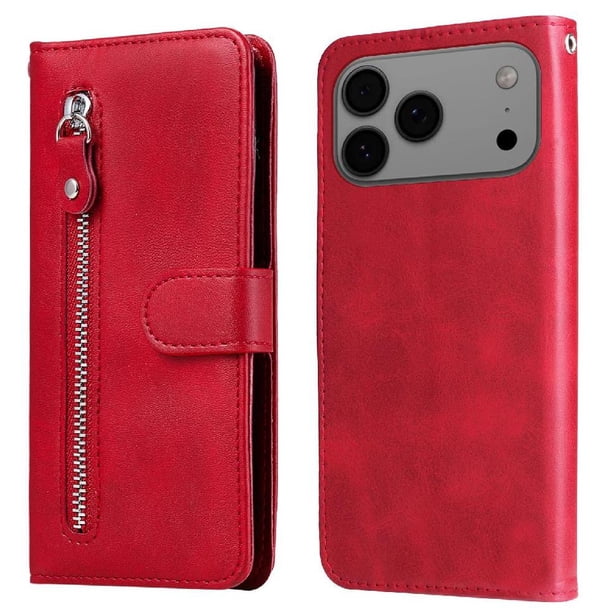 Funda tipo cartera para iPhone 17 Pro Max con bolsillo con cremallera y ranuras para tarjetas – Función de soporte Rojo