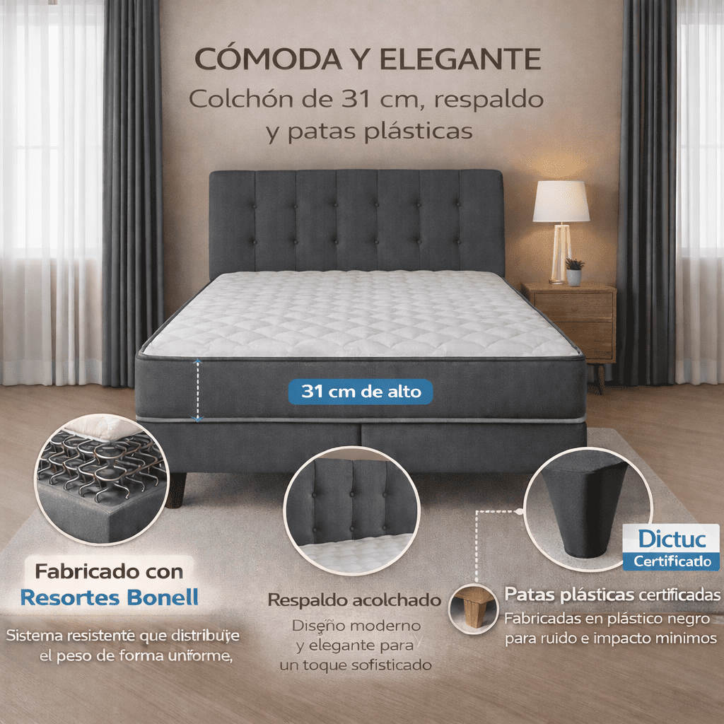 M&e - Cama 2 Plazas Base Europea + Colchón 31 Cm Resortes Bonnell + Respaldo Tapizado