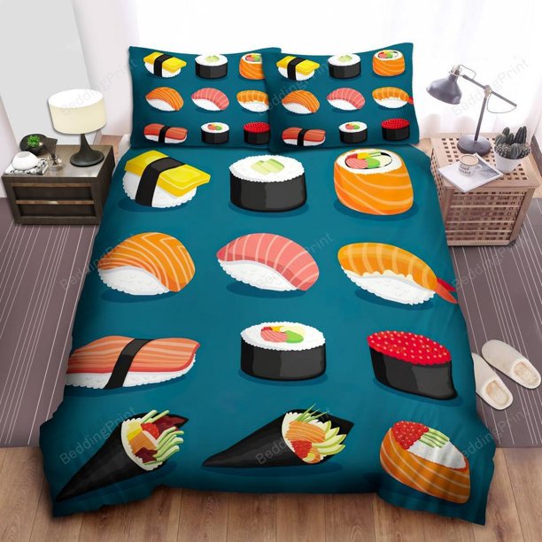 Sushi Digital Art On Dark Blue Quilt Duvet Cover Set Pillowcase Super 3-Piece Bedding Set
