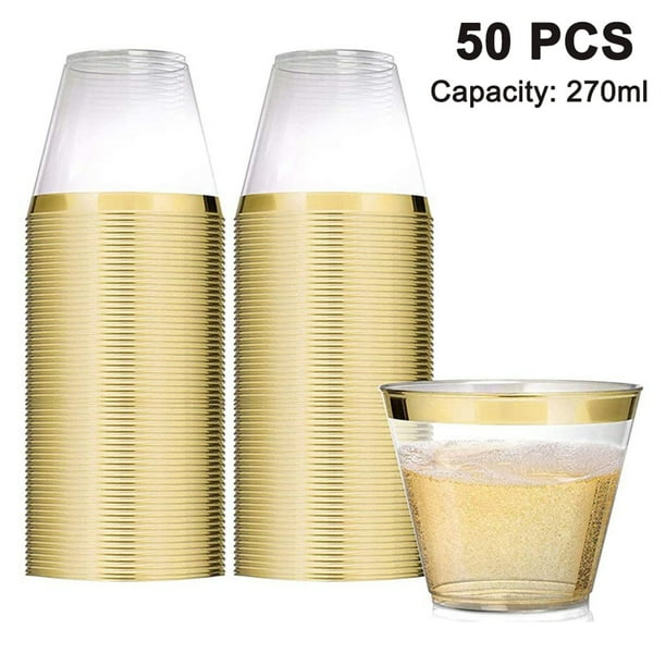 Paquete de 50 vasos de cóctel de plástico de 9 oz, vasos de plástico transparente con borde resistente, vasos desechables para bodas, fiestas de cumpleaños y aniversarios.