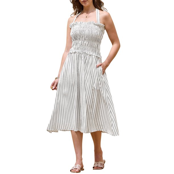 INSPIRE CHIC Vestido Midi de Mujer con Cuello Halter Verano Cintura Fruncida Vestido de Rayas para Playa y Vacaciones XS Blanco