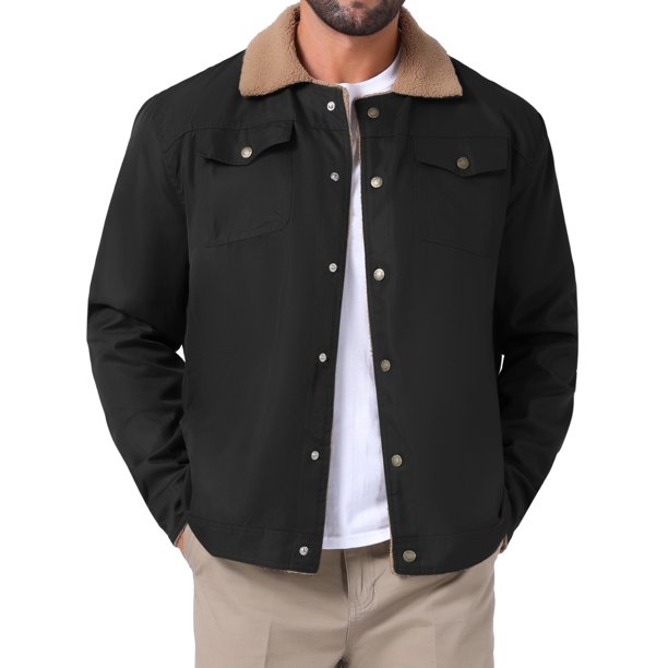 INSPIRE CHIC Chaqueta de Invierno para Hombre con Cuello, Botones Frontales, Forro de Felpa, Bolsillos, Chaqueta de Camionero S Negro