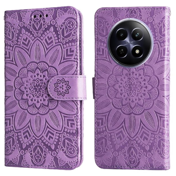 Funda tipo cartera FOXDOCK para Realme 12 5G , diseño girasol en relieve, cuero PU, cierre magnético, soporte y tarjetero