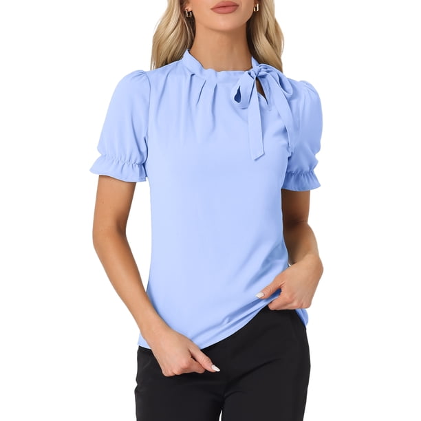 INSPIRE CHIC Blusas de Mujer de Color Sólido con Lazo en el Cuello y Mangas Cortas para el Trabajo Azul Pálido Talla L