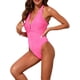 thumbnail image 4 of INSPIRE CHIC Traje de Baño Monokini de 1 Pieza para Mujer con Hebilla de Metal y Recorte, Halter, Acanalado, Escote en V Profundo, Control de Abdomen, Color Rojo Rosado, Talla Pequeña, 4 of 5