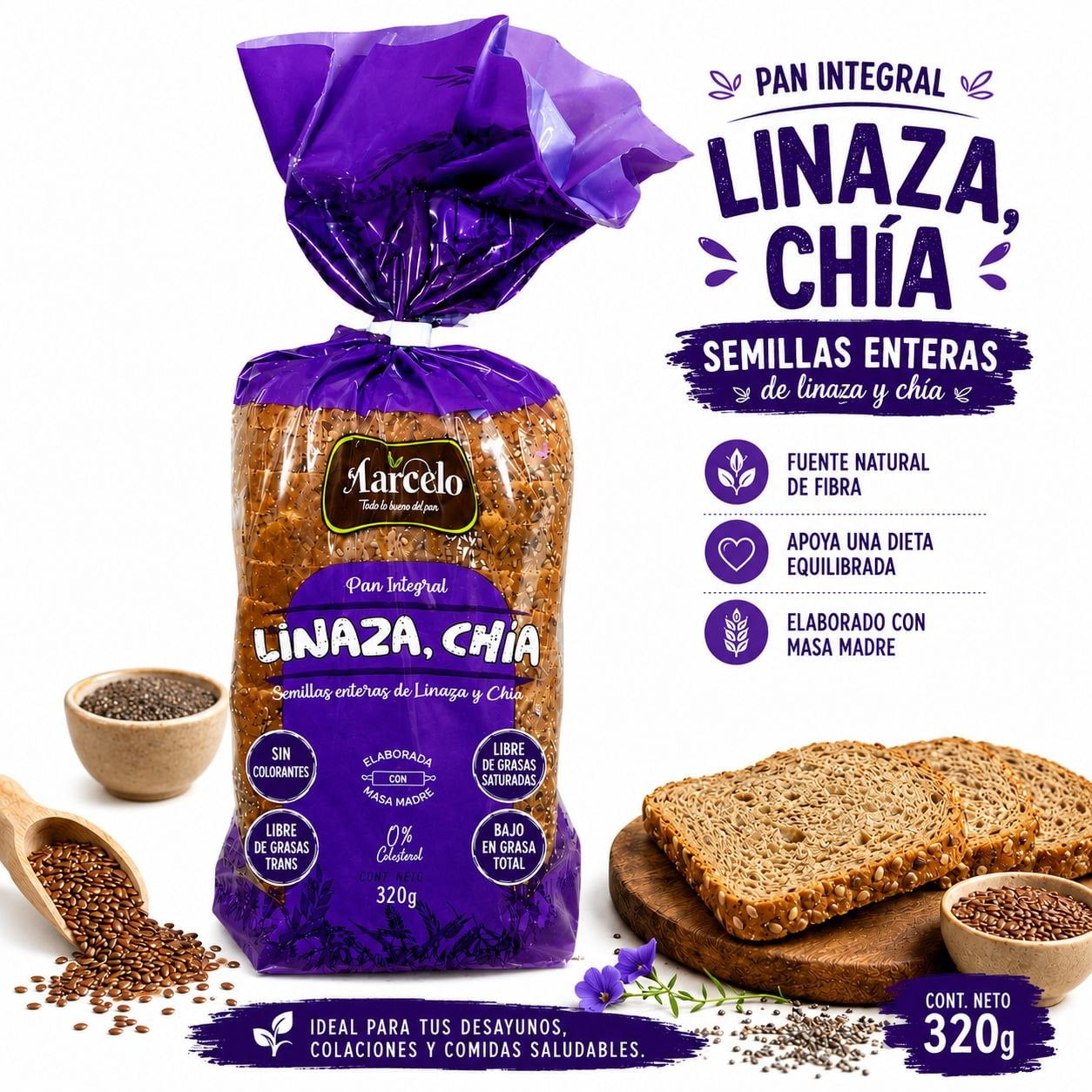 Pan De Molde Integral Con Masa Madre Linaza Y Chia 320g