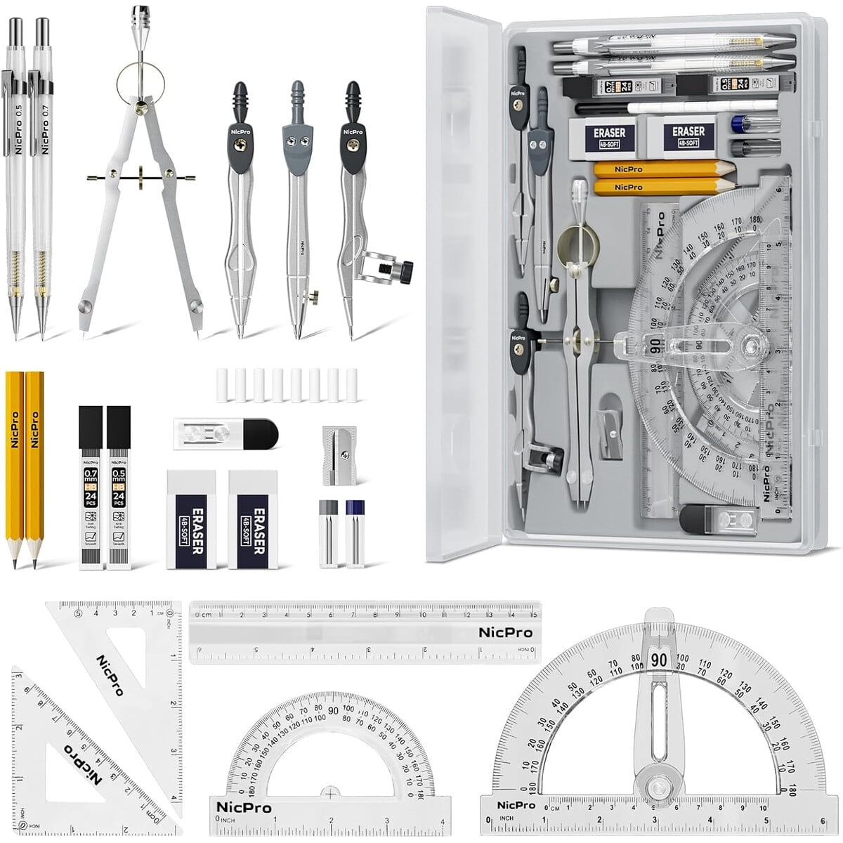 Set De Compases Nicpro 22 Piezas Metal Estuche Herramientas Dibujo