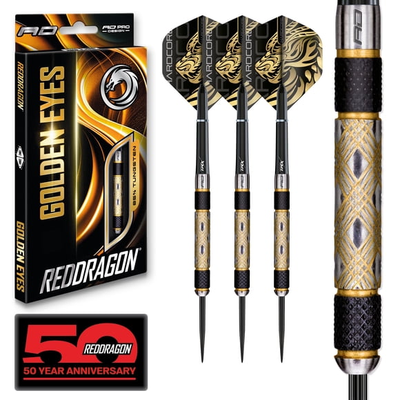 Set de dardos RED DRAGON Golden Eyes con punta de acero - Barriles de tungsteno al 85% para precisión y control, múltiples pesos de 28 g, incluye varillas de aluminio y plumas