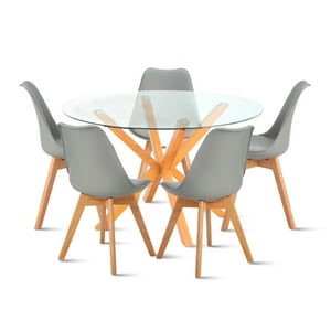 Klik Muebles - Comedor Redondo De Vidrio Cross 120Cm + 5 Silla Tulip Acolchada - Gris