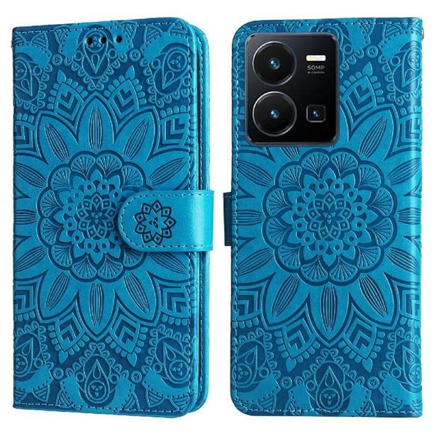 Funda tipo cartera FOXDOCK para Vivo Y22s/Y22 , diseño girasol en relieve, cuero PU, cierre magnético, soporte y tarjetero