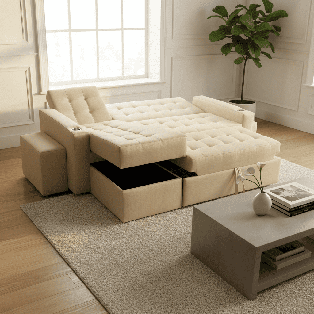 Camila Home - Sofá Cama En L Beige Claro 3 Plazas Con Baúl Y Puffs 200 Cm