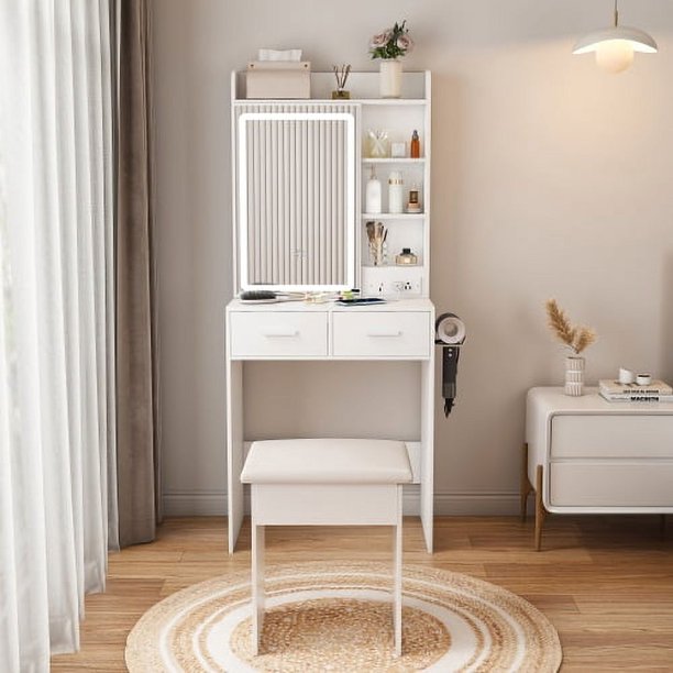 Pequeño escritorio de vanidad de maquillaje con espejo y luces led ajustables, toma de corriente incorporada y almacenamiento oculto