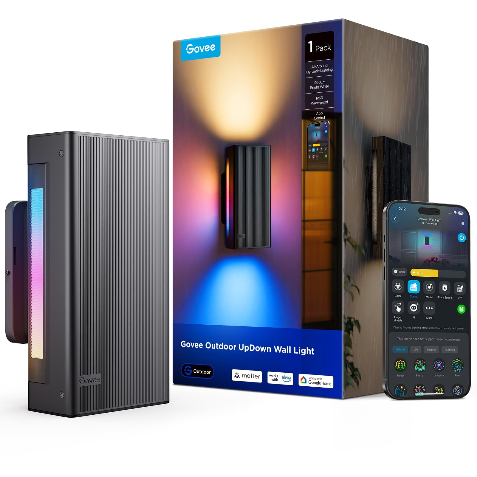 Lámpara De Pared Exterior Govee Updown 1200 Lm Rgbicww Smart, Paquete De 1 Unidad