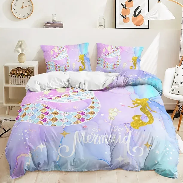 Cartoon Mermaid Bedding Set Fashion Duvet Cover Sets Full Size with Pillowcase for Kids Girls Gift Bed Linen Bed Sheets