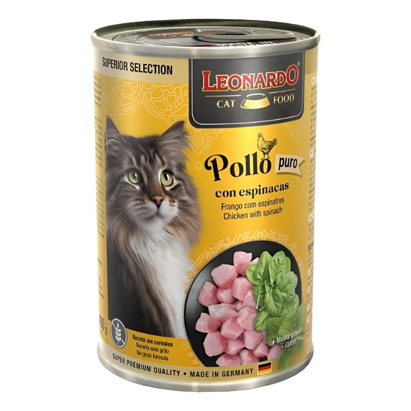 Leonardo Alimento Húmedo Gatos Adultos Pollo Espinacas Lata 400g