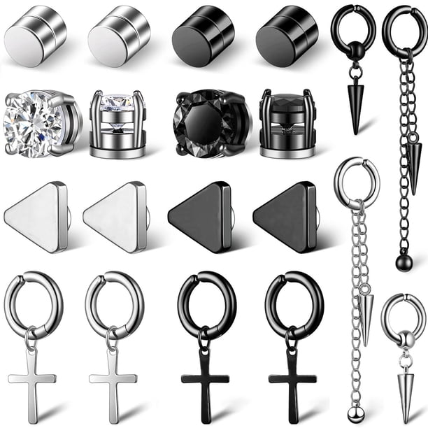10 pares de pendientes magnéticos de acero inoxidable con circonitas, sin perforaciones, para hombre. Material duradero.