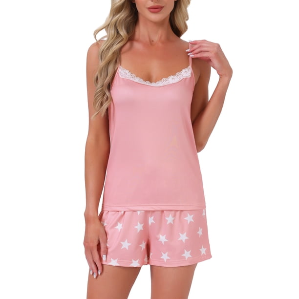 INSPIRE CHIC Conjunto de Pijama para Mujer con Encaje y Estampado de Estrellas, Cuello en V, Sin Mangas, con Pantalones Cortos de Cintura Elástica, 2 Piezas, Talla XL, Rosa