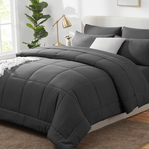 Juego de edredón CozyLux, gris oscuro, tamaño queen size, 7 piezas, cama en una bolsa