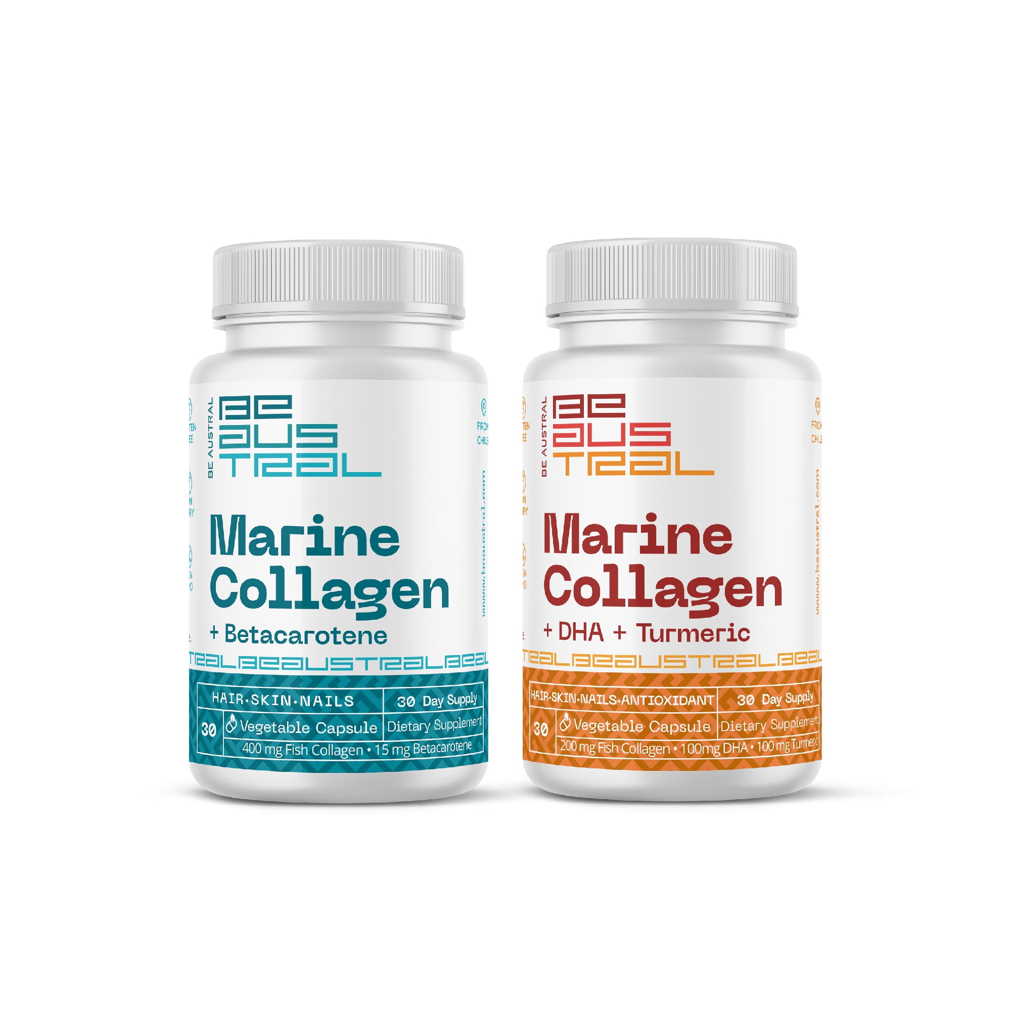 Colágeno+betacaroteno Y Colágeno+dha+curcuma Pack 2 Frascos 60 Cápsulas Be Austral