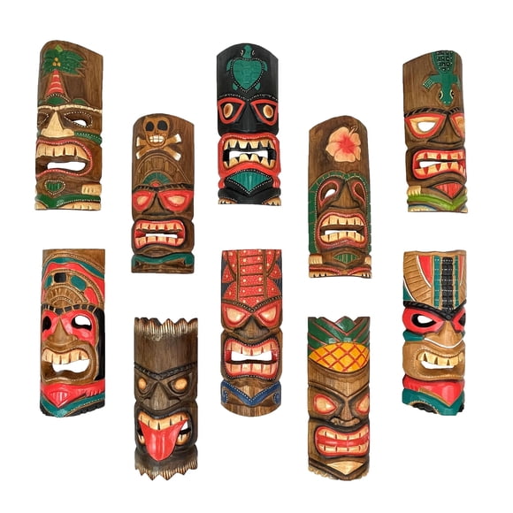 Set de máscaras Tiki decorativas de madera polinesia tallada a mano de Zeckos