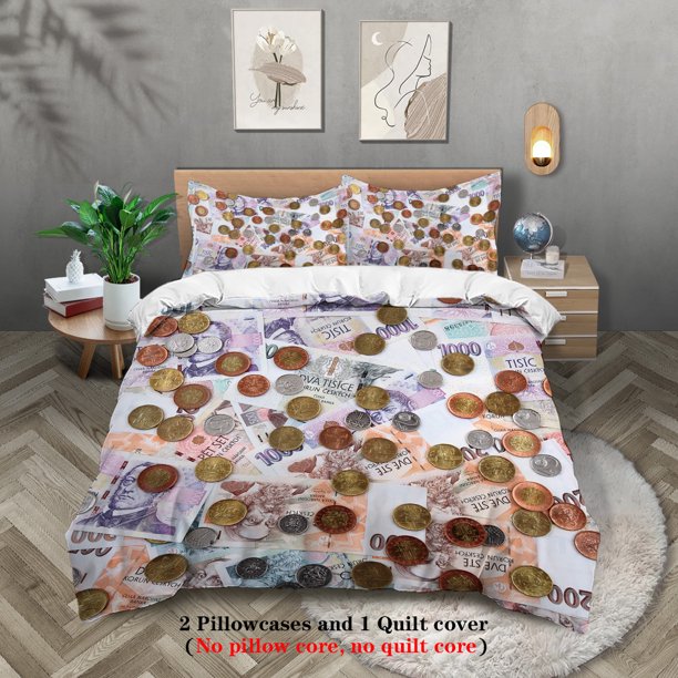 3pcs Fashion Duvet Cover Set, Dollar and Money,Bitcoin Theme Print Bedding Set, Comforter Set For Bedroom Decor