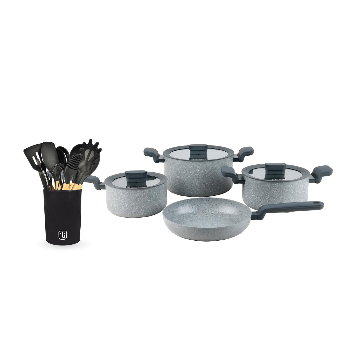 Batería De Cocina Pompei + Set 12 Utensilios Negro Simplit