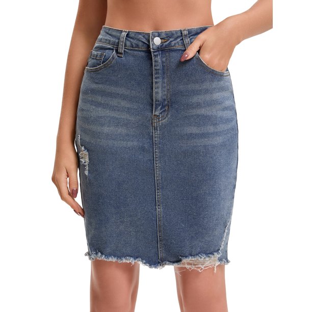 INSPIRE CHIC Falda de Mezclilla para Mujer de Regreso a Clases con Dobladillo Deshilachado de Cintura Alta y Estiramiento por Encima de la Rodilla en Azul Gris Oscuro Talla 2XL
