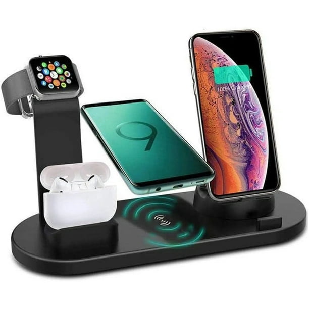 Base de carga inalámbrica 6 en 1 para Apple Watch Series 1-6, AirPods Pro, iPhone 14/13/12/11/X/Xr/Xs/8, Samsung Galaxy Series (sin cable para el reloj)-Negro