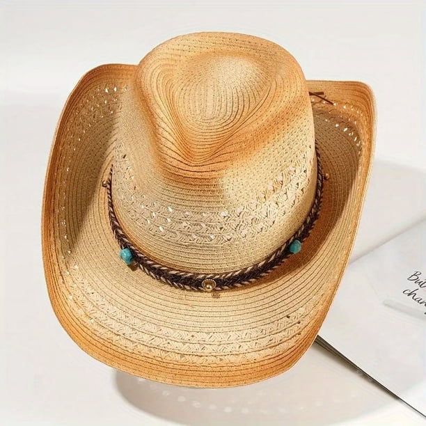 Boho Western Cowboy Straw Hat - Hand Woven Faux Jade Chain Decor Hat for Women, Men, and Unisex - Perfect for Summer Beach and Casual Wear