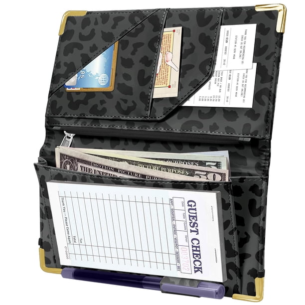 Libro para Meseros YeeCASE Leopardo Negro con Bolsillo Expandible y Cierre de Cremallera