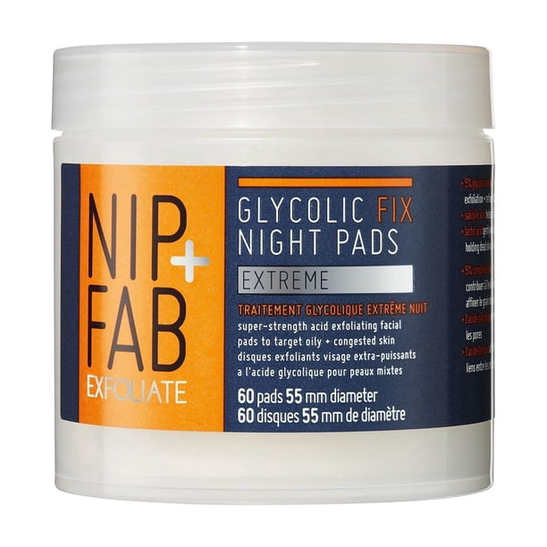 Almohadillas faciales nocturnas Nip+Fab con ácido glicólico con ácido salicílico, 60 almohadillas