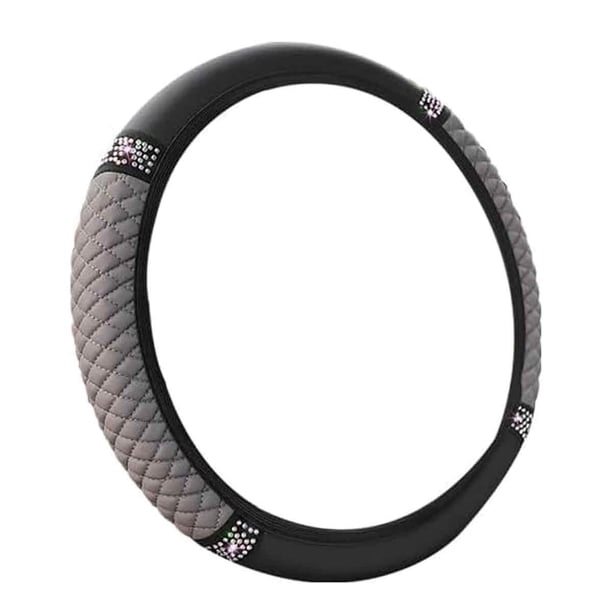 Funda para volante de coche con diamantes de imitación en color tridimensional bordados en cuero sin anillo interior, adecuada para mujeres de 14,5 a 15 pulgadas