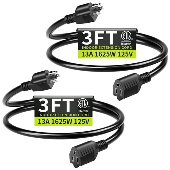 Cable de extensión Seeklyze, 0,9 m (3 pies), 16 AWG, 13 A, 125 V, 1625 W, paquete de 2