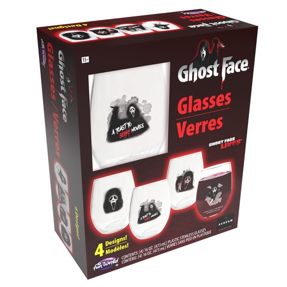 Set de vasos de vino Fun World Ghost Face, 16 onzas, 4 piezas
