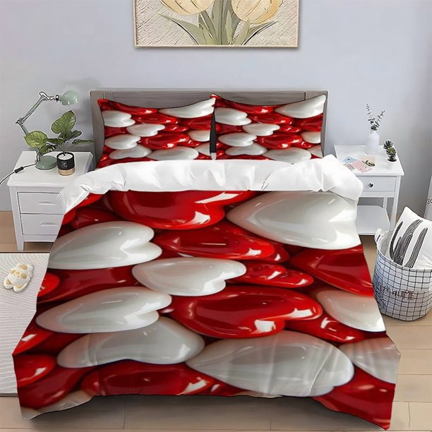 3pcs Red and White Heart Print Bedding Set | Soft Comfortable