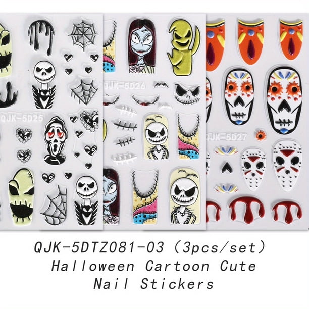 3 Sheets,5D Embossed Halloween Nail Art Stickers,Skull Ghost Pumpkin Spider Bat Nail Decals,Self Adhesive Cartoon Nail Art Supplies For Nail Decorations