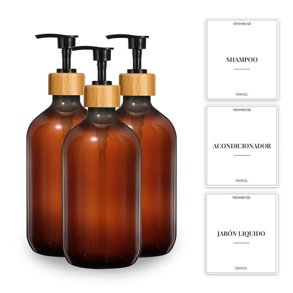 Venhoouse Pack 3 Dispensador De Jabón 500 Ml Plástico Bambú Ambar