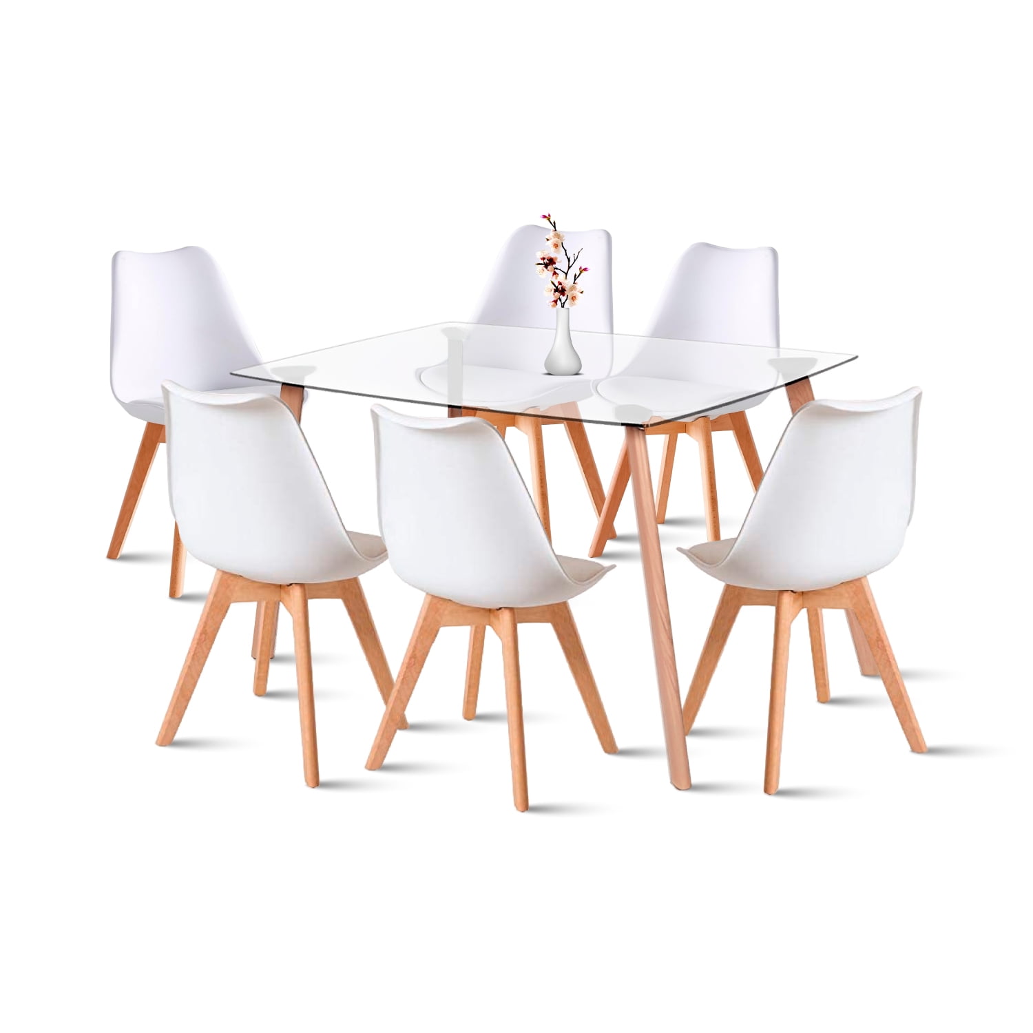 Klik Muebles - Comedor Mesa De Vidrio Nórdica 140x90 Cm + 6 Sillas Tulip Blancas