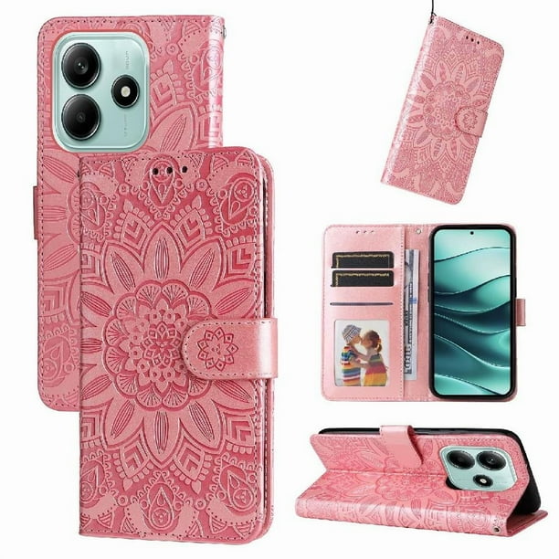 Funda tipo cartera FOXDOCK para Xiaomi Poco M7 Pro 5G , diseño girasol en relieve, cuero PU, cierre magnético, soporte y tarjetero
