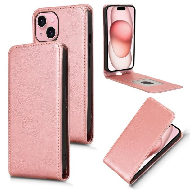 Funda tipo folio para iPhone 15 Plus con soporte magnético y protección para la cámara Oro rosa