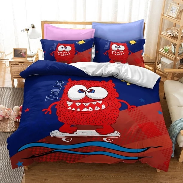 x1774 Bed SheetsBig Eyed Monster Bedding Set Cute Cartoon Comforter Luxury Duvet Cover Set Home Textile Decor Kids 3-Piece Bedding Set (1 Duvet Cover + 2 Pillow Shams) nj1774