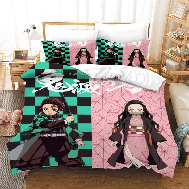 Kamado Tanjirou Kamado Nezuko print Cartoons custom bedding set, Demon Slayer Cartoons duvet cover set full , 3pcs Bed Sheets