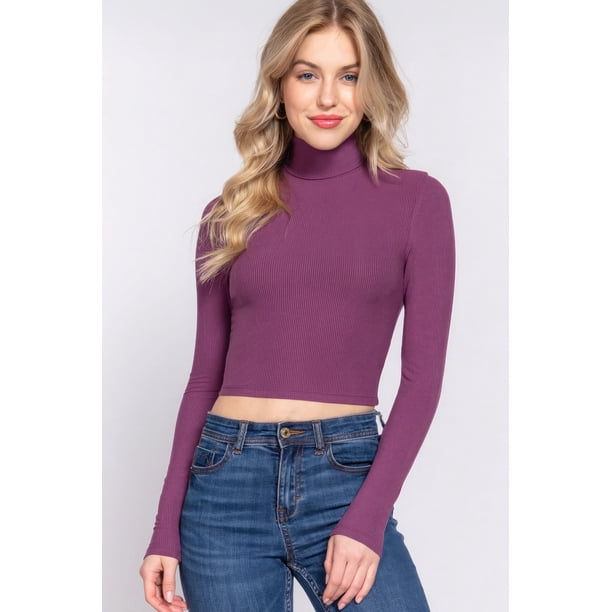 Saronite Top Corto Básico de Punto Acanalado con Cuello Alto, Manga Larga y sin Costuras, Violeta (para Mujer)