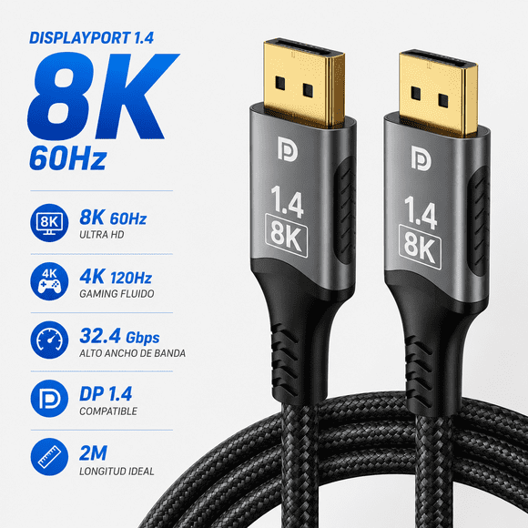 Cable Displayport 8k 60hz/4k 120hz/32.4 Gbps V1.4 De 2mts