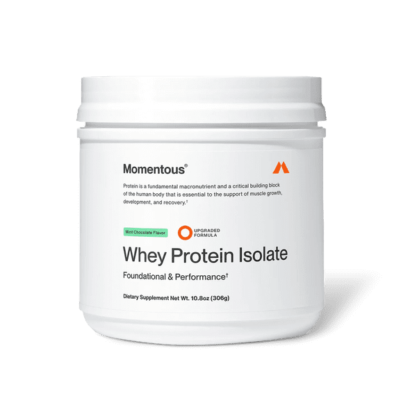 Momentous Whey Protein Isolate — Menta Chocolate · 20 g Proteína Grass-Fed 306 gr