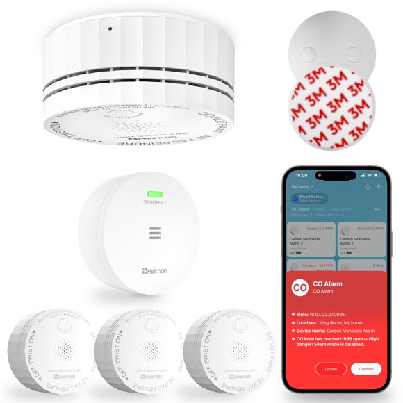 Detector de CO HEIMAN Pack de 3 con Wi‑Fi y Gateway