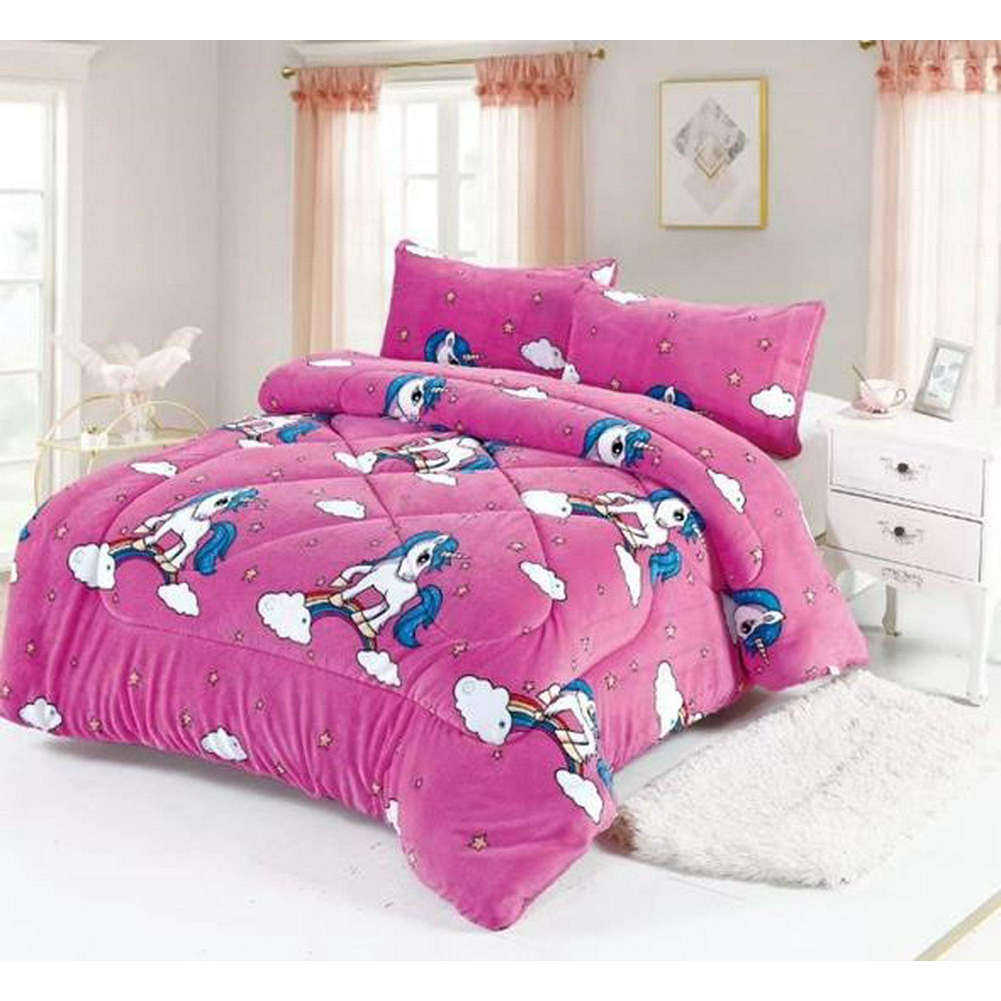 Aladdins Shop - Cobertor De Invierno De Plush Y Chiporro 1,5 Plaza Fucsia Unicornio