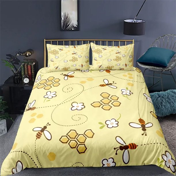 x1321 Bed SheetsBee Honeycomb Bedding Set Flying Wildlife Geometric Floral Duvet Cover Twin Size Microfiber Hexagon Beehive Comforter Cover 3-Piece Bedding Set (1 Duvet Cover + 2 Pillow Shams) nj1321