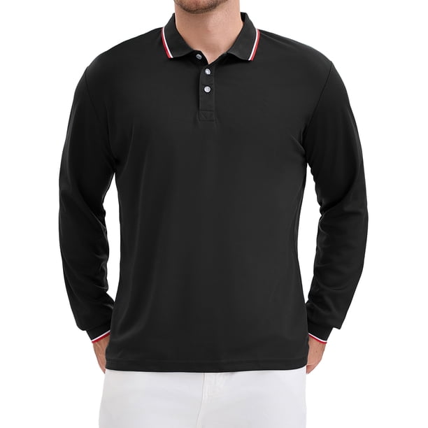 INSPIRE CHIC Camisa Polo de Manga Larga para Hombre, Ajuste Clásico, Color Sólido, Negocios Golf, Talla M, Negro